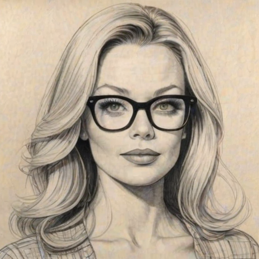Superb Charlotte Ross, pencil sketch, portrait of Enticing woman 1976s in glasses, hair style beatnik, outline, clear lines, fine lines, 8k