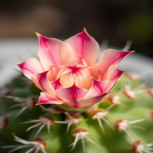 Close-up shot of a vibrant cactus flower with pink and white petals, sharp thorns, soft background blur, shot with a DSLR camera, aperture f/2.8, ISO 100, 85mm lens, natural lighting for enhanced colors and detail.