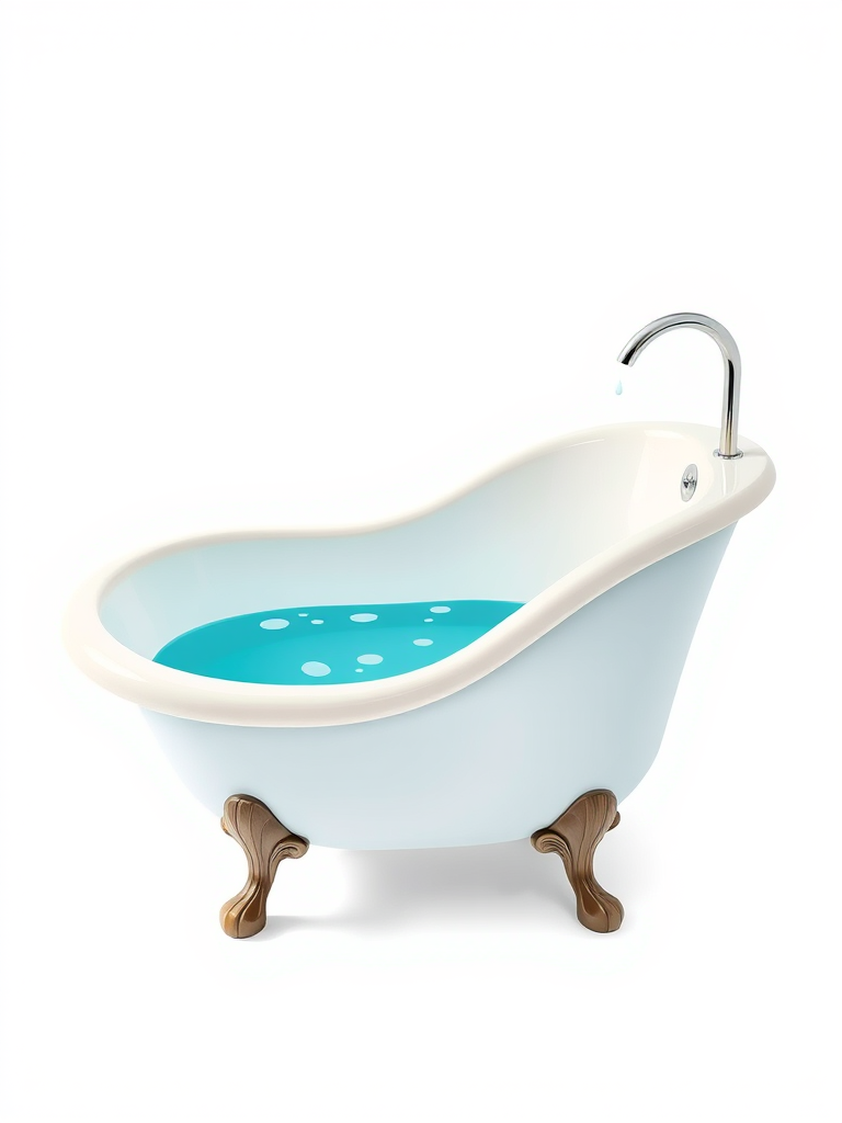 Create a colorful cartoon image of a vintage bathtub with bright blue water, set against a simple white background, captured with a wide-angle lens at f/8, ISO 100, and a shutter speed of 1/60s, using a digital SLR camera for enhanced clarity and depth.