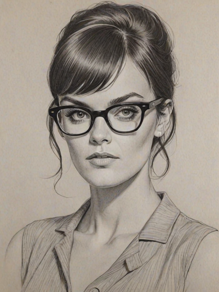 Fascinating Frankie Shaw, pencil sketch, portrait of Appealing woman 1963s in glasses, hair style beatnik, outline, clear lines, fine lines, 8k