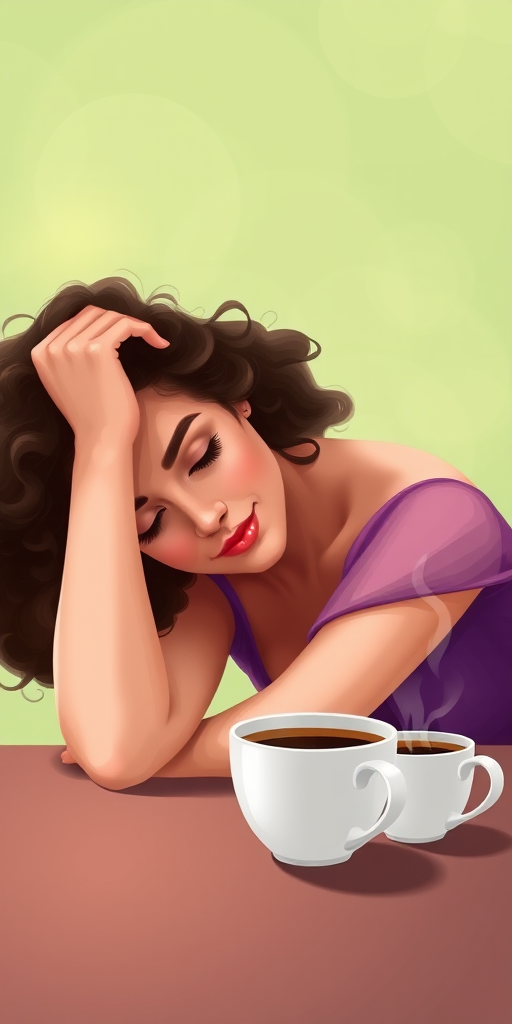 generate a digital illustration of a woman with curly hair resting her head on a table, wearing a purple dress, with a steaming cup of coffee beside her, set against a soft green background, use a high-resolution digital camera with a focal length of 50mm, aperture f/2.8, ISO 100, and a shallow depth of field for a soft blurred background effect