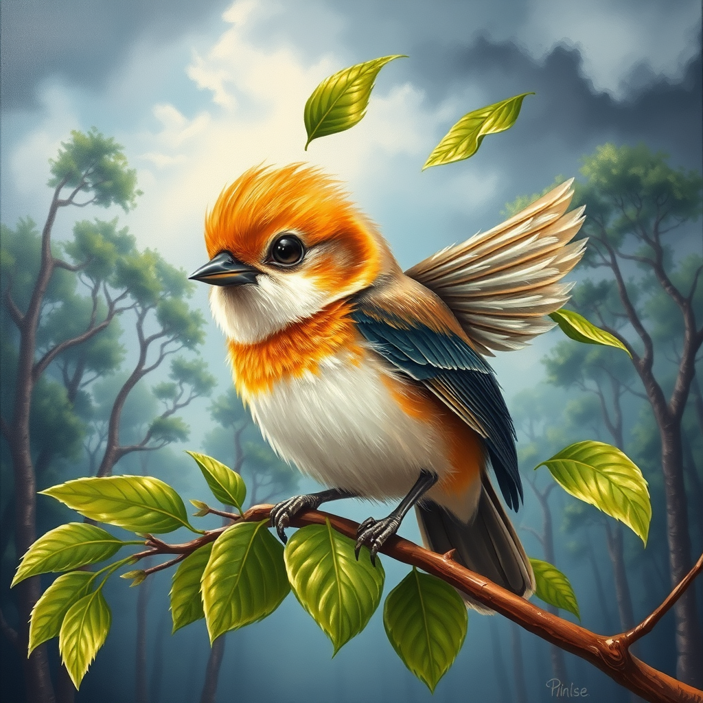 airbrushed oil painting,  a cute little bird, sitting on a branch with lush leaves, startled eyes, his feathers ruffled and blown up, leaves in the air, background bending trees in a forest, storm clouds