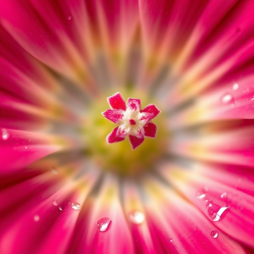 macro shot of a vibrant flower center with dewdrops, using a Canon EOS 5D Mark IV, 100mm f/2.8L macro lens, f/8 aperture, 1/125 sec shutter speed, ISO 200, natural lighting, shallow depth of field