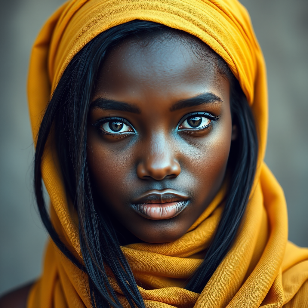 Create a portrait of a young Igbo woman with long, dark hair and captivating hazel eyes. She is wearing a Yellow headscarf and a matching scarf draped gracefully around her neck. The background is softly blurred, focusing attention on her serene and natural expression. The overall color palette is muted and warm, enhancing the intimate and authentic feel of the portrait.