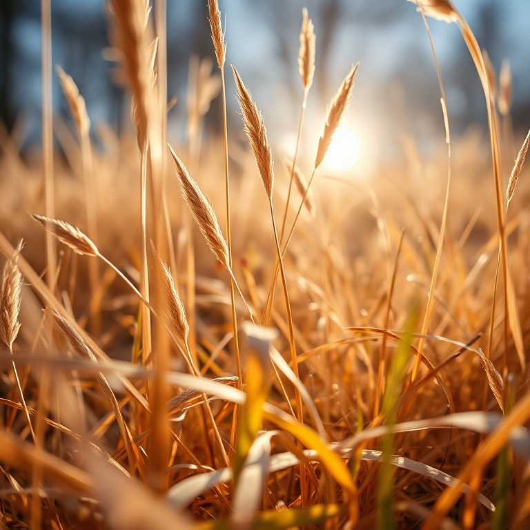 photograph dried grass in sunlight from low angle using a DSLR camera, f/2.8 aperture, 1/500 sec shutter speed, ISO 100, 24mm lens, vibrant colors, focus on foreground detail