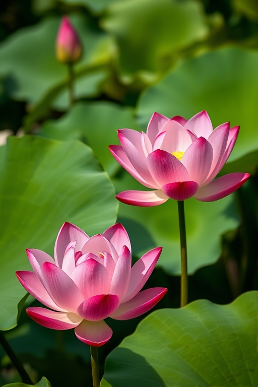 Lotus flowers in vibrant pink against lush green leaves, taken with a Canon EOS 5D Mark IV, 50mm lens, aperture f/1.8, ISO 100, natural light, shallow depth of field, soft focus background.
