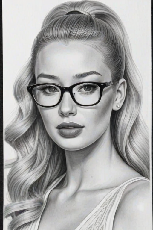 Magnificent Iggy Azalea, pencil sketch, portrait of Appealing woman 1953s in glasses, hair style beatnik, outline, clear lines, fine lines, 8k