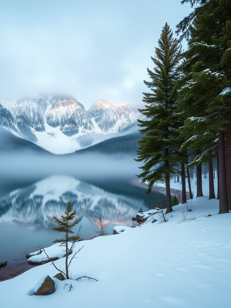 capture a serene winter landscape featuring a foggy lake surrounded by pine trees and mountains, time of day at dawn, camera settings ISO 100, aperture f/8, shutter speed 1/125, use a wide-angle lens at 24mm, shoot in RAW format for enhanced detail