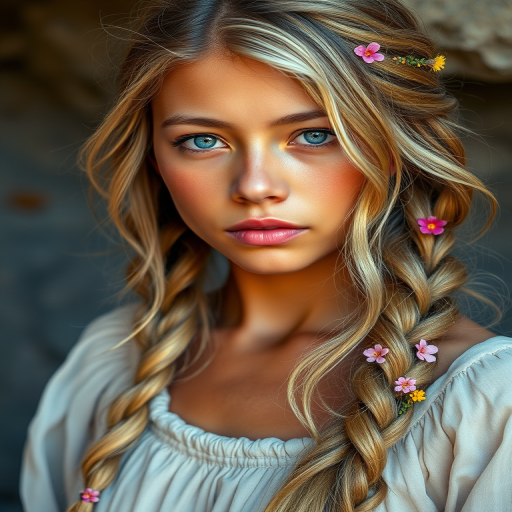 Create an image of a young Quechua woman with long, wavy blonde hair, adorned with small, colorful flowers woven into her braids and loose strands. Her complexion is fair, with soft, glowing skin, and she has light blue eyes that gaze softly at the viewer. She wears a light, flowing dress with a gentle, ethereal quality, complementing her delicate and serene appearance. The background is slightly blurred, drawing focus to her tranquil expression and the intricate details of the flowers in her hair. The overall mood of the image is one of natural beauty and grace, evoking a sense of peacefulness and connection with nature.