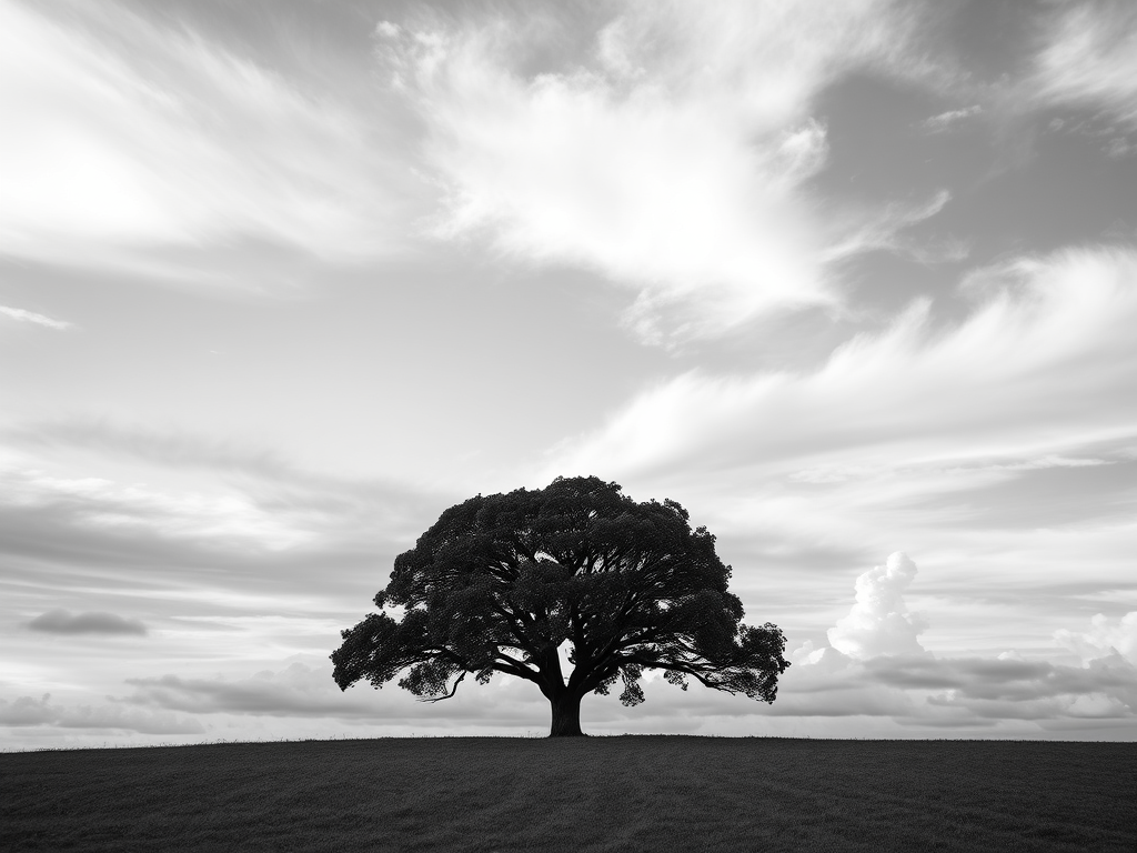 Regenerate a black and white image of a solitary tree on a horizon under a dynamic sky with clouds, captured with a Canon EOS R5 at f/8, ISO 100, 1/200s, using a wide-angle lens for an expansive view and a low angle perspective to emphasize the tree against the sky.