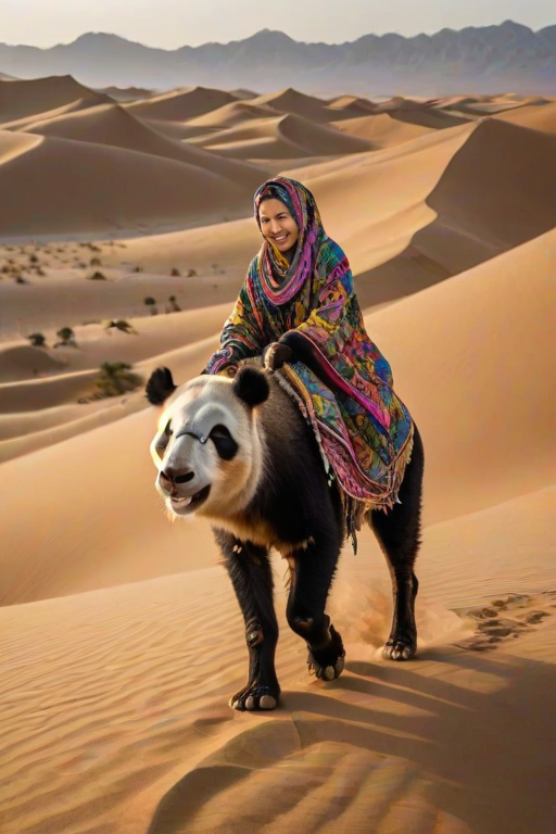 This high-resolution photograph captures a teen panda named Huahua, depicted riding a camel through a vast, sandy desert. Huahua has her distinctive black and white fur, and she is dressed in traditional desert attire, complete with a colorful headscarf and a flowing robe. The attire is detailed with intricate patterns and vibrant colors, creating a striking visual contrast against the golden sands.
