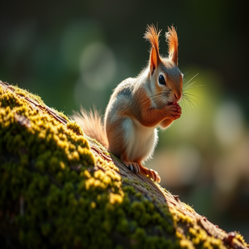 squirrel perched on a mossy log in soft sunlight, f/4 aperture, 1/250s shutter speed, ISO 200, portrait view, DSLR camera, macro photography style