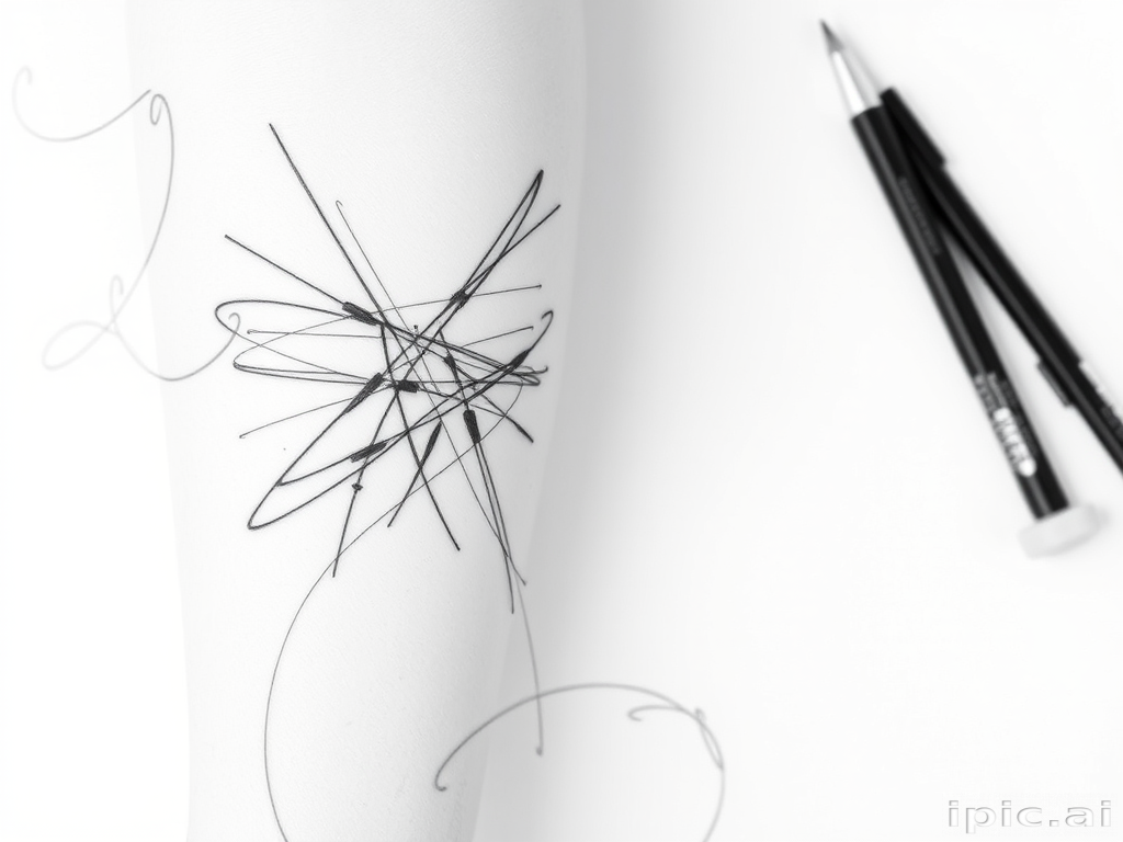 Sketch-style tattoo titled "Ephemeral Artistry" featuring loose, energetic lines and cross-hatching to create the illusion of a pencil drawing brought to life on the skin