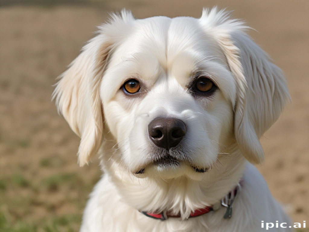A Beautiful White Dog with Expressive Eyes Standing in a Sunny Field.