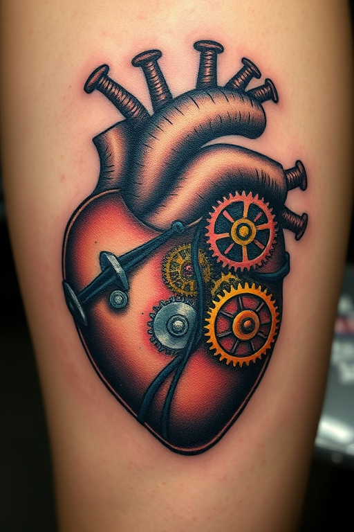 Steampunk mechanical heart tattoo, "Clockwork Pulse," depicting an anatomical heart composed of intricate gears, cogs, and pistons in various metallic shades, with subtle pops of color to represent life and energy flowing through the machinery