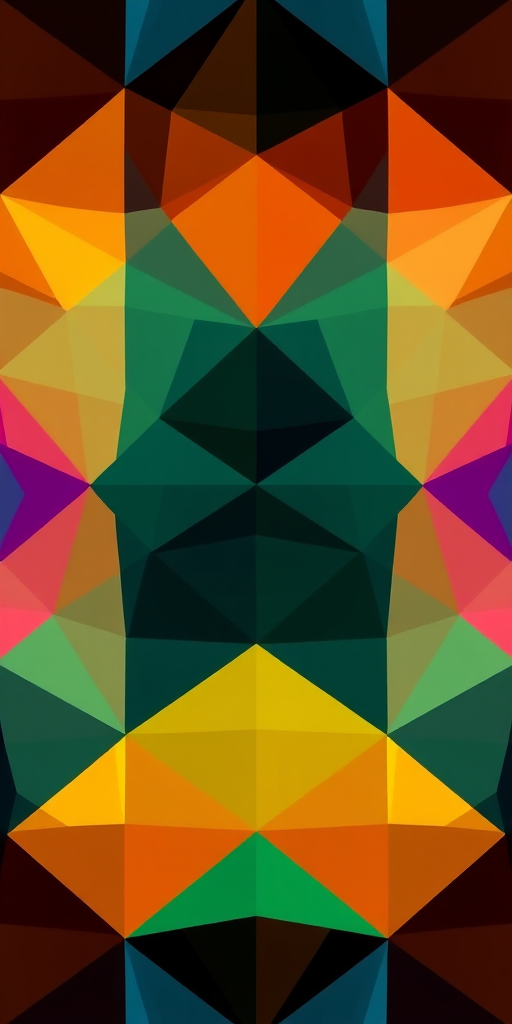 Create a vibrant abstract pattern of colorful triangles blending seamlessly into each other, with enhanced sharpness and contrast, captured with a Canon EOS R5, 50mm lens, f/1.8, ISO 100, in a soft focus style to emphasize the color transitions.