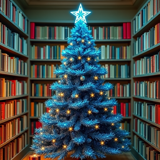 Generate an image of a blue glittery Christmas tree with a star on top, surrounded by bookshelves filled with books. The tree has a layered design, resembling a cone shape with multiple rings. The setting is cozy and festive, with a warm ambiance.