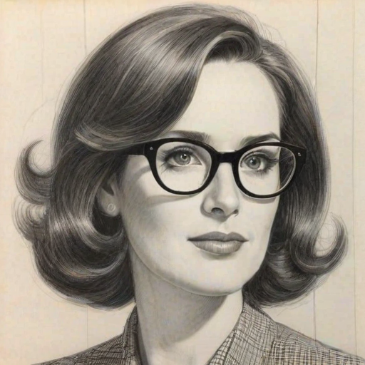 Appealing Phyllis Smith, pencil sketch, portrait of Resplendent woman 1965s in glasses, hair style beatnik, outline, clear lines, fine lines, 8k