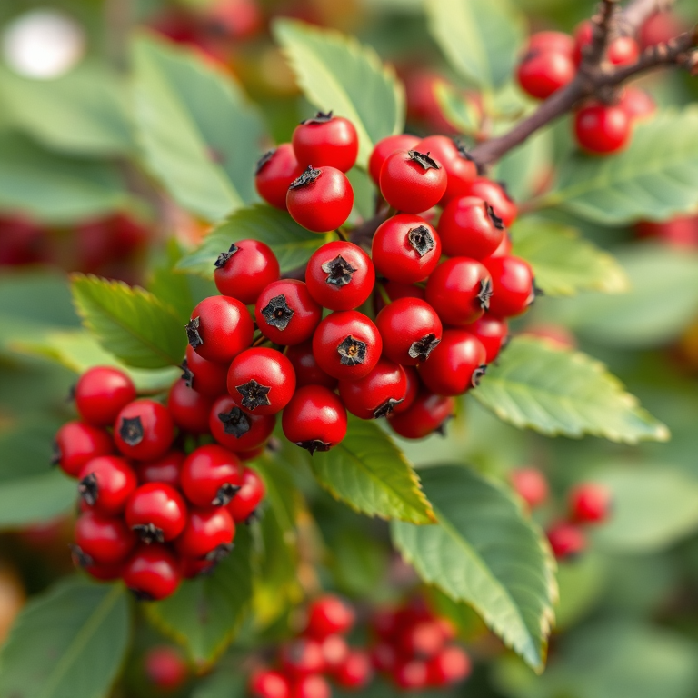 Create an illustration of vibrant red berries clustered on green foliage in a stylized botanical design, using a high-resolution camera with a macro setting, a shallow depth of field, natural lighting, and a focus on color contrast.
