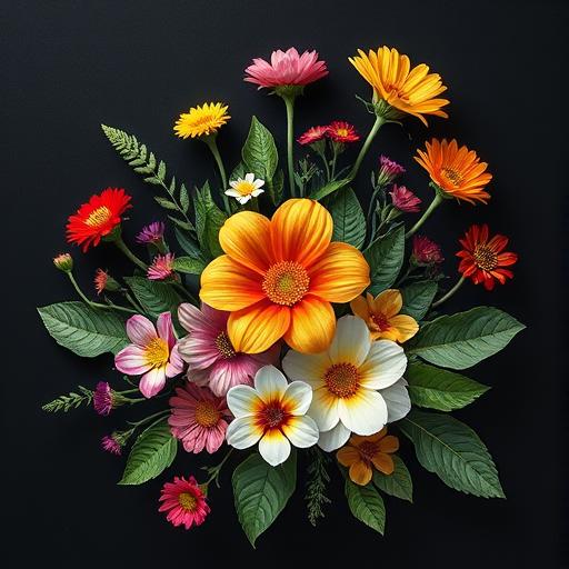 Create a colorful floral illustration with various flowers and leaves on a solid black background using a Canon EOS R5 with a 50mm f/1.2 lens, aperture set to f/2.8, ISO 100, and shot from a top-down view to enhance image quality and detail.