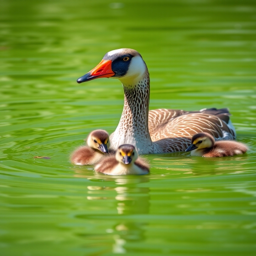 Capture a close-up shot of a goose swimming with three ducklings in a clear green pond, using a DSLR camera with a 50mm lens, aperture set to f/2.8, shutter speed 1/200 sec, ISO 100, natural light for vibrant colors, and a shallow depth of field to create a soft background blur.