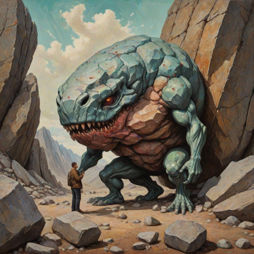 A detailed and anatomically presented mr stone-eater stands and bites into a huge boulder. surreal abstract art, grunge oil colors on canvas, textured background
