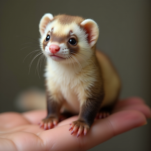 An extremely hyper-realistic ferret, its whole body fits perfectly in someone's finger. A ferret has rare colors and is extremely adorable. The ferret is extremely fluffy, making it eye-catching when enlarged. And standing on 2 legs