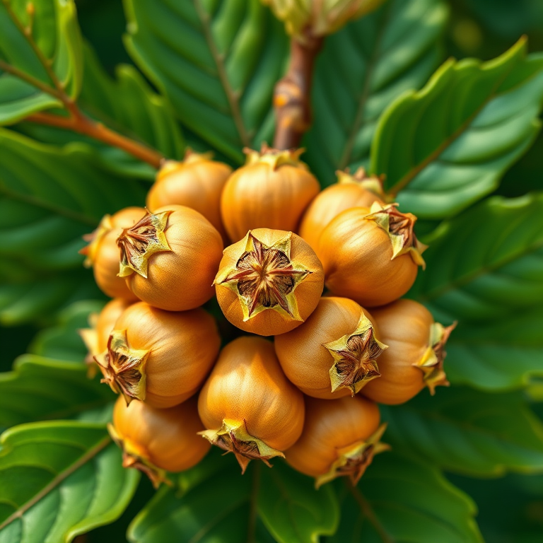 Create a vibrant illustration of a cluster of hazelnuts with green leaves, close-up view, using a Canon EOS R5, 50mm lens, f/2.8 aperture, ISO 100, natural lighting for enhanced detail and color.