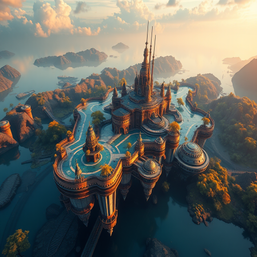 Futuristic floating city surrounded by water and trees, aerial view, vivid colors, high dynamic range, f/8 aperture, 1/200 sec shutter speed, ISO 100, wide-angle lens, digital camera, photorealistic rendering.