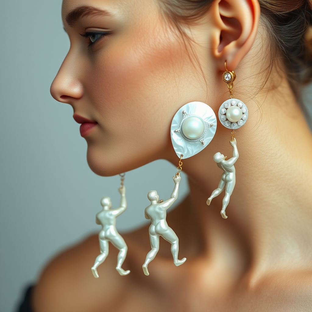 beautiful young lady with hair done up, and an exquisite pair of earings, made from mother of pearl, shimmering, and composed of different men in poses as he climbs up the long earing
