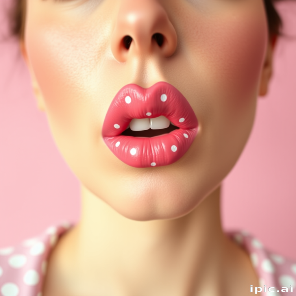 Whimsical pastel pink lips with a matte finish, adorned with delicate white polka dots, creating a playful and feminine look in a retro-inspired portrait