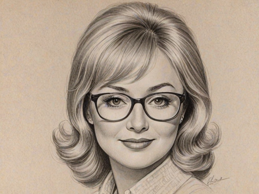 Graceful Shirley Jones, pencil sketch, portrait of Alluring woman 1972s in glasses, hair style beatnik, outline, clear lines, fine lines, 8k