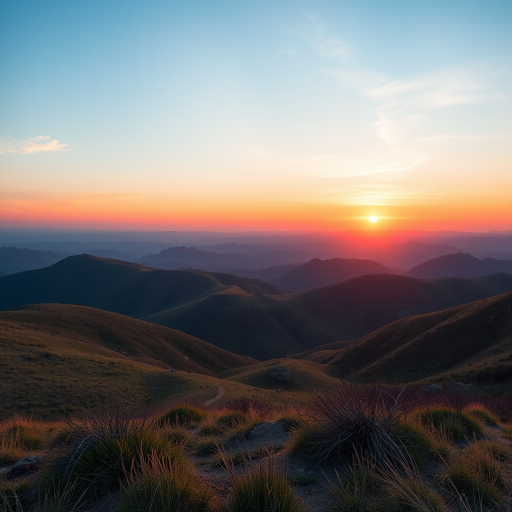 Create a high-resolution image of a serene landscape featuring rolling hills and a vibrant sunset, captured with a Canon EOS R5, 24mm lens, f/8 aperture, ISO 100, 1/100 sec exposure, using a wide-angle view to include foreground details and enhance the overall depth.