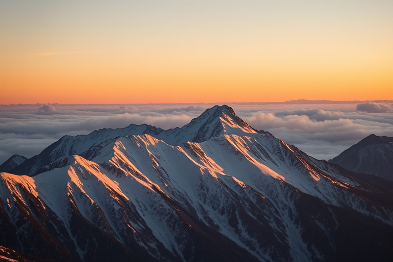 Soft-focus image of a mountain range covered in snow at sunrise, soft golden light illuminating the peaks, with distant clouds softly drifting across the sky.