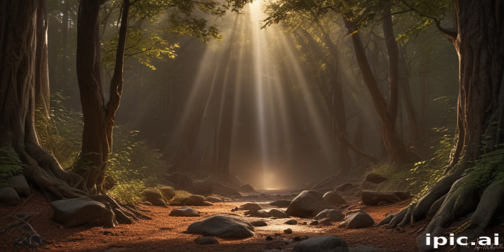 Serene Forest Landscape with Sunlight Filtering Through Tall Trees