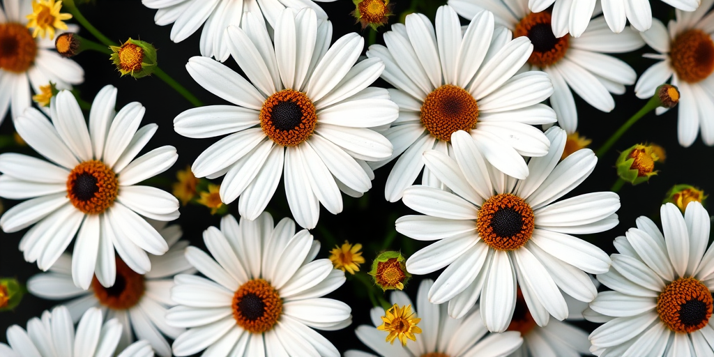 Create a detailed floral pattern featuring large white daisies with brown centers and delicate yellow flowers on a black background, using a macro lens with an aperture of f/4 for a shallow depth of field, ISO 100 for clarity, and a DSLR camera for high resolution.