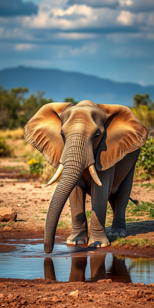 Create a high-resolution image of an African elephant standing near a water source in its natural habitat captured with a DSLR camera, ISO 100, aperture f/8, shutter speed 1/250s, with a 50mm lens, using a wide-angle view to enhance the background detail.
