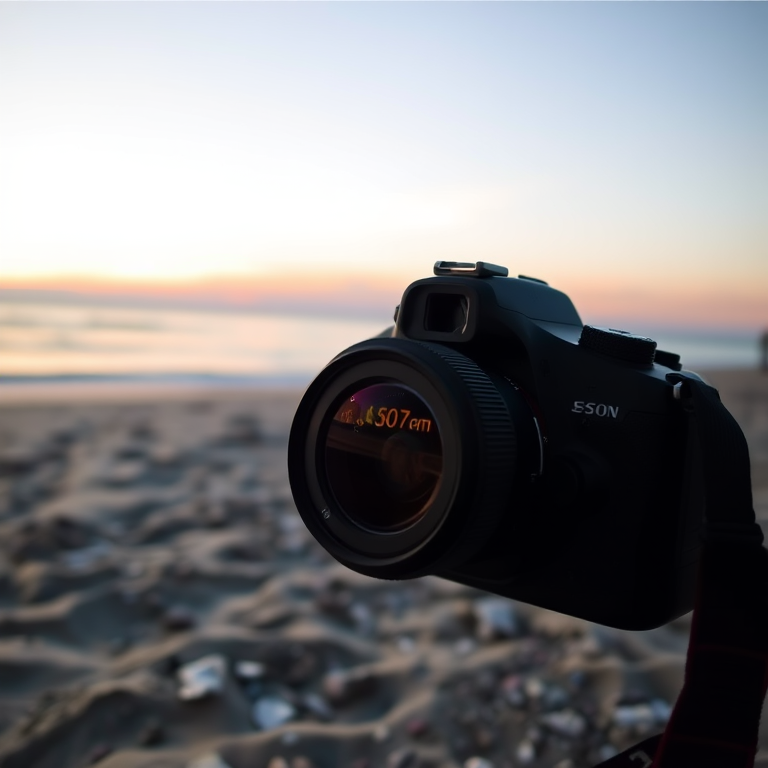 Capture a high-resolution image of a tranquil beach scene at sunset, using a DSLR camera with a 50mm lens, aperture set to f/2.8, ISO 100, at a low angle for enhanced perspective and warm color tones.