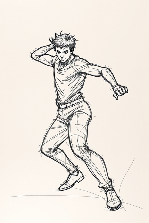 Create a high-resolution image of a dynamic sketch of a person in a powerful pose, captured with a DSLR camera at 50mm focal length, f/1.8 aperture, ISO 100, natural lighting, and a shallow depth of field to enhance detail and contrast.