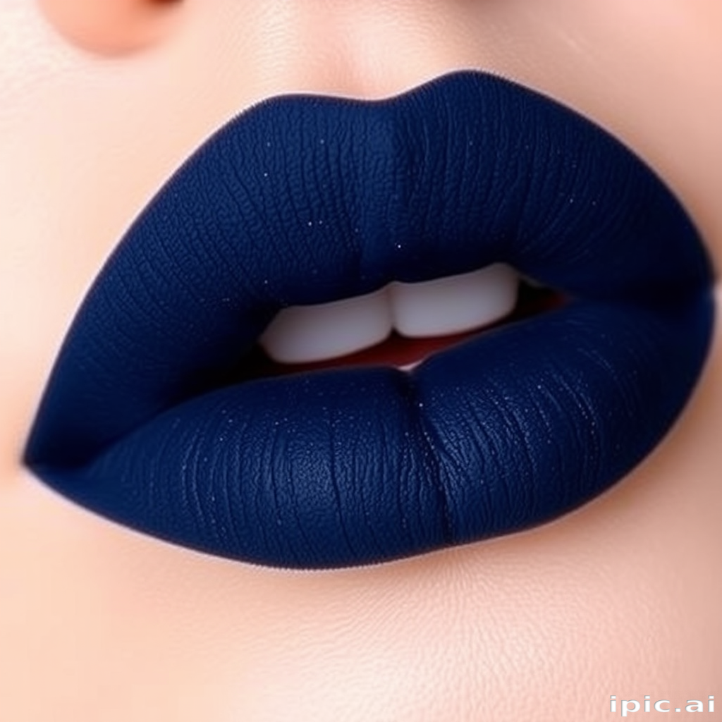 Deep navy blue lips with a matte suede texture and subtle navy shimmer, named "Midnight Velvet Sky"