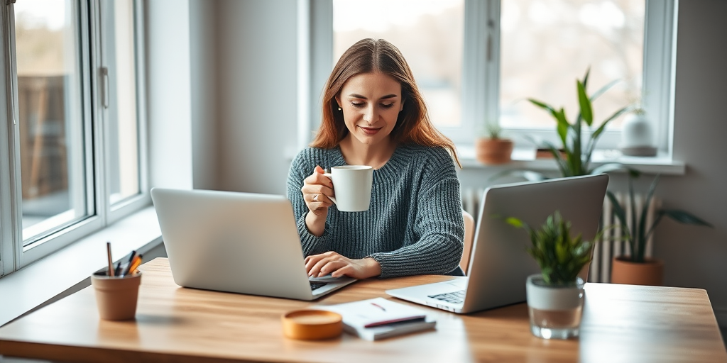 A cozy minimalist workspace with a woman sitting at a desk holding a warm drink while using a laptop, natural light from large windows, soft focus background, shot with a Canon EOS R6, 35mm lens, f/2.8 aperture, ISO 200, shutter speed 1/125s.