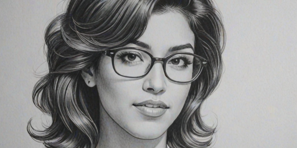 Attractive Stephanie Beatriz, pencil sketch, portrait of Wonderful woman 1948s in glasses, hair style beatnik, outline, clear lines, fine lines, 8k