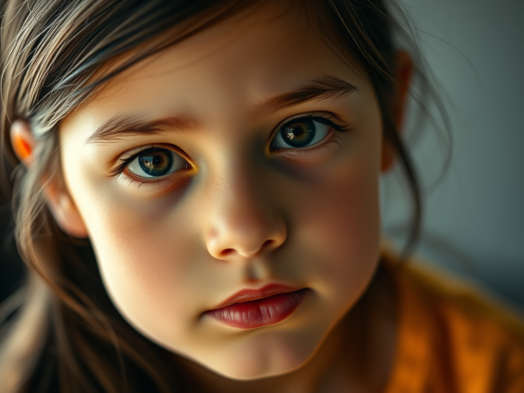 Regenerate a portrait of a young girl with realistic features and a soft expression, using soft lighting for dramatic effect, with a shallow depth of field; camera settings: f/1.8 aperture, ISO 200, shutter speed 1/100; camera view: close-up; camera style: portrait photography; camera type: DSLR.