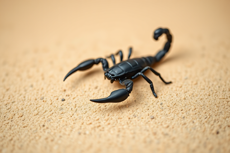 create a high-resolution vector illustration of a stylized black scorpion on a textured beige background, using a Canon EOS 5D Mark IV with a 50mm lens at f/2.8, ISO 100, and a shallow depth of field for a sharp focus on the scorpion while blurring the background for a clean aesthetic