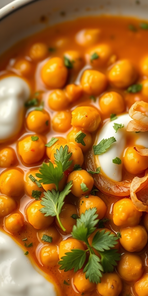 A vibrant, high-quality close-up shot of a bowl of chickpea curry topped with fresh herbs, served with a side of yogurt and garnished with fried onions; use a Canon EOS R5 with a 50mm f/1.2 lens, aperture set to f/2.8 for a shallow depth of field, ISO 200, and natural soft lighting to enhance colors and textures.