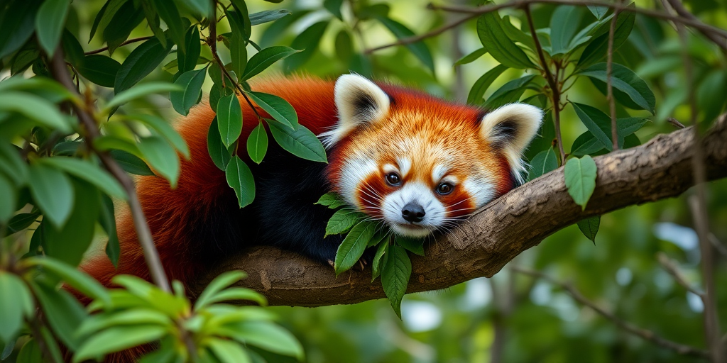 Red panda resting on a tree branch surrounded by green leaves, captured with a Canon EOS R5, 85mm f/1.2 lens, aperture f/2.8, ISO 200, shutter speed 1/250s, natural lighting, shallow depth of field for enhanced focus on the subject.