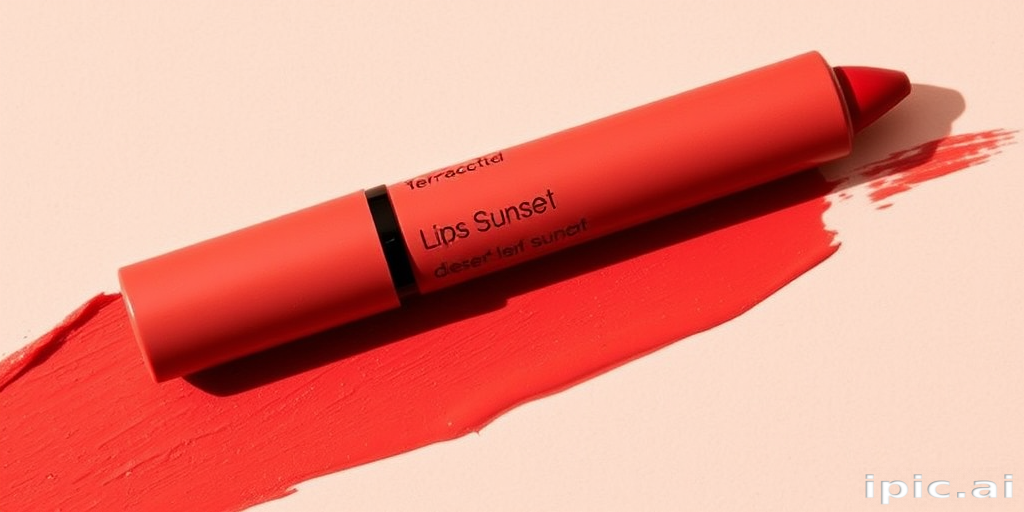 Terracotta lip crayon dubbed "Desert Sunset," combining warmth and earthiness in a creamy, buildable formula