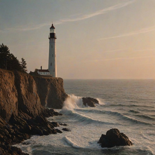 Sharp, detailed photo of a lighthouse standing tall on a rocky cliff, soft light from the setting sun reflecting off the ocean below, distant waves crashing against the shore, and the feeling of solitude and strength.