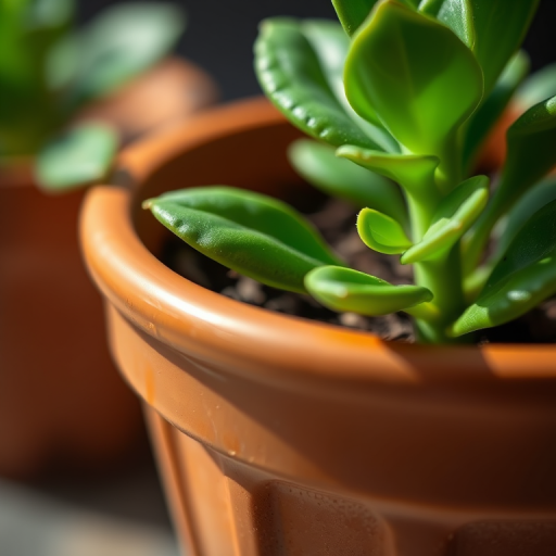 Regenerate a close-up image of a green plant in a terracotta pot with high contrast lighting, use a 50mm lens at f/2.8, ISO 100, shot from a slightly elevated angle, using a full-frame DSLR camera for enhanced quality.