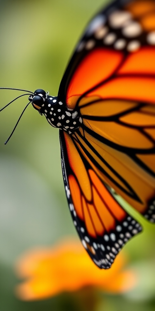 Create a highly detailed close-up image of a Monarch butterfly in flight, using a macro lens on a DSLR camera with a focal length of 100mm, aperture set to f/2.8 for a shallow depth of field, ISO 200, and natural lighting to enhance the vibrant colors and patterns.